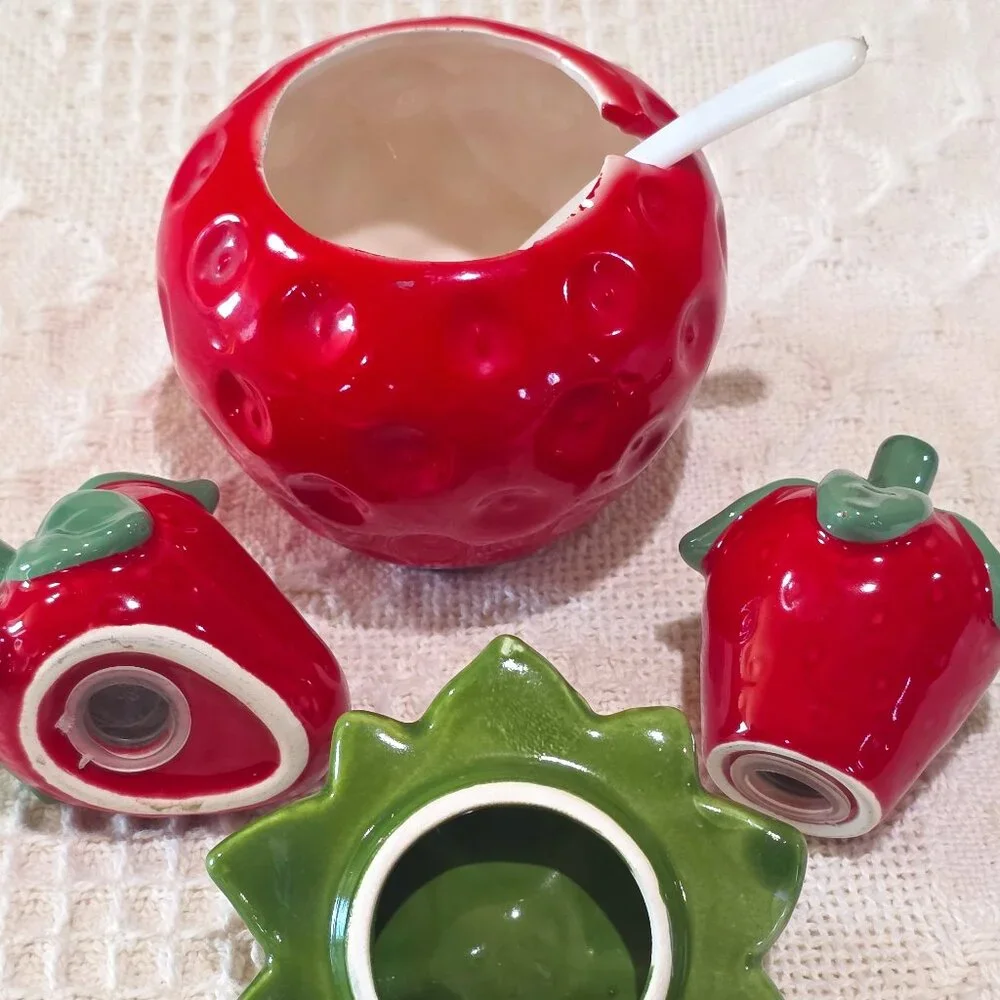 Vintage Brinn's Ceramic Strawberry Jam Jar and Salt & Pepper Shakers PA